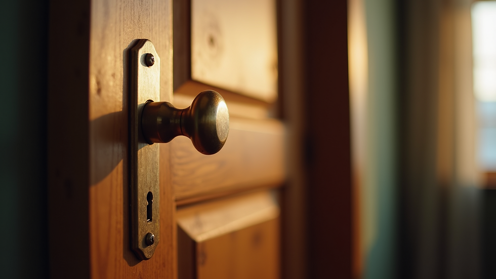 Eye-level view of brass door handle on a wooden door