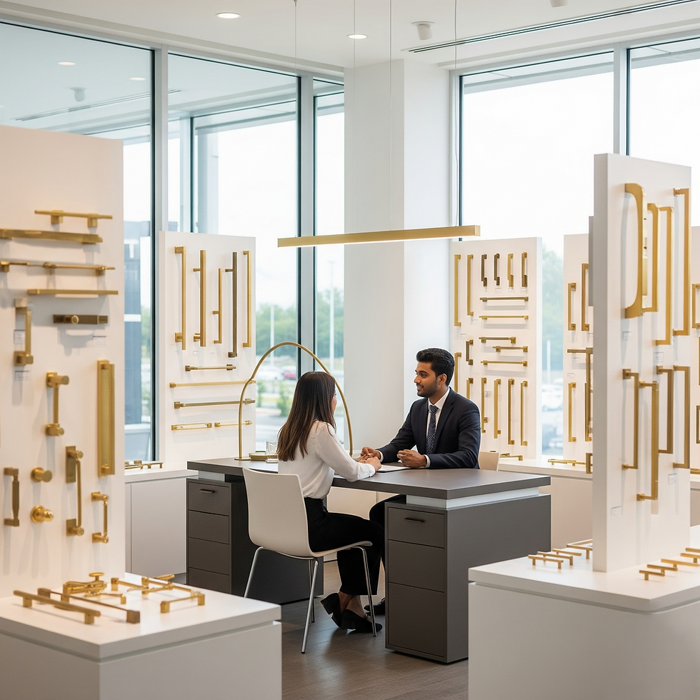 Two people in a modern showroom discuss business at a desk. The room is filled with displays of gold handles against a bright window.
