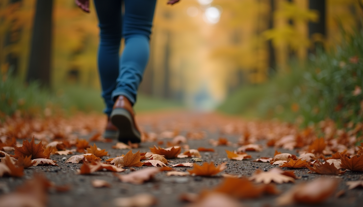 Close-up view of a person’s feet walking on a forest path covered with autumn leaves