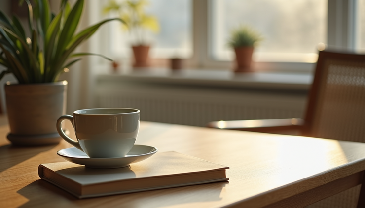 Eye-level view of a quiet morning scene with a cup of tea and an open journal on a wooden table