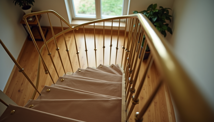 Eye-level view of curved brass railing on a spiral staircase