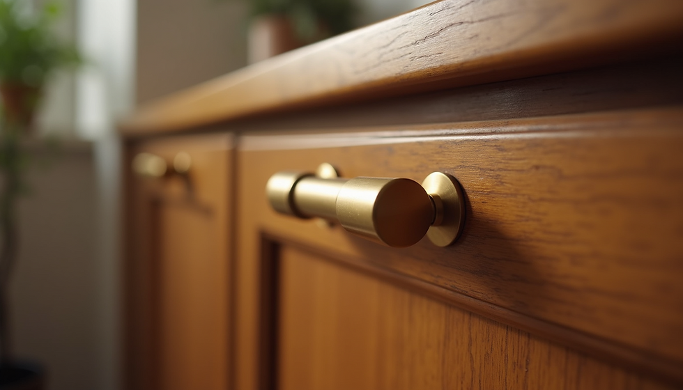 Brass cabinet handle on wooden cupboard door