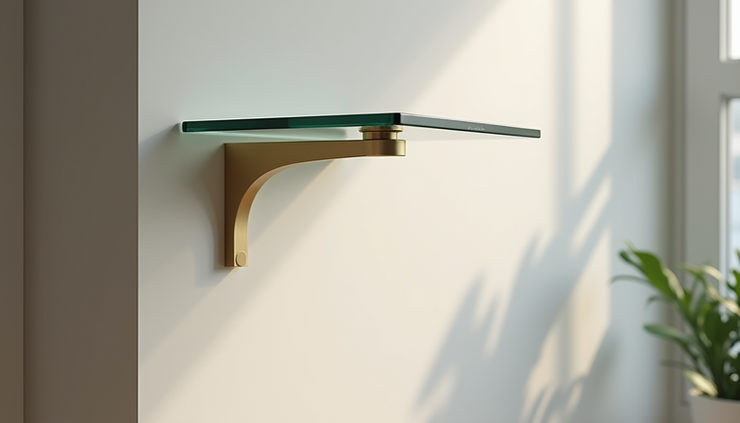 Eye-level view of minimalist brass L-shaped bracket holding a glass shelf