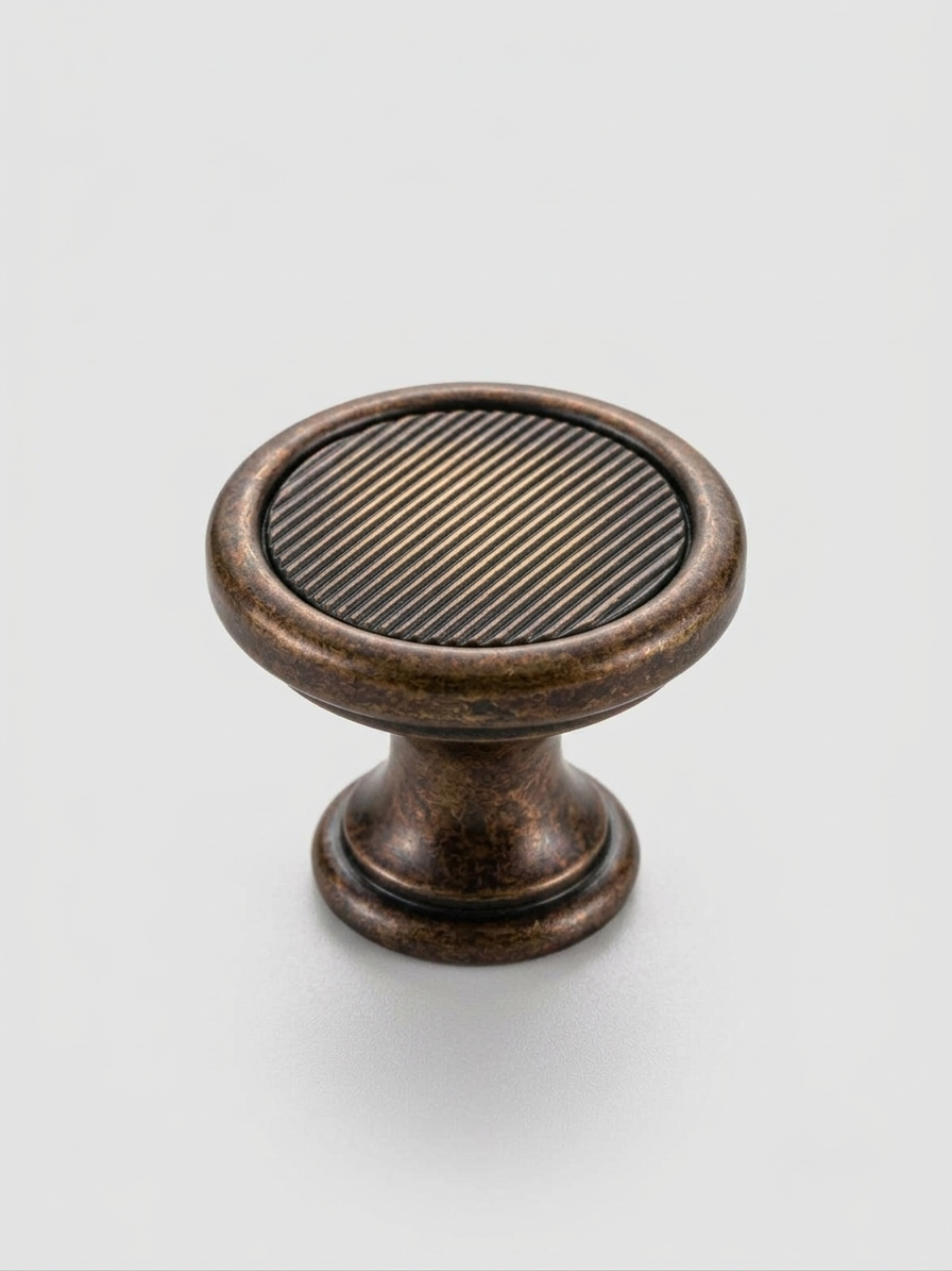 Thumbnail: Modern Ribbed Round Cabinet Knob – Antique Brass Finish