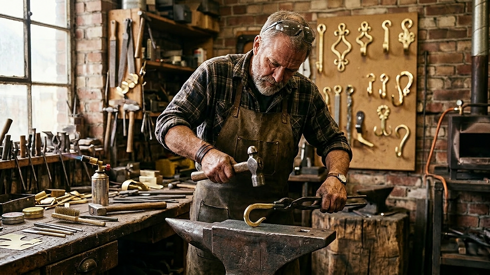 Eye-level view of artisan crafting brass wall hooks in a workshop