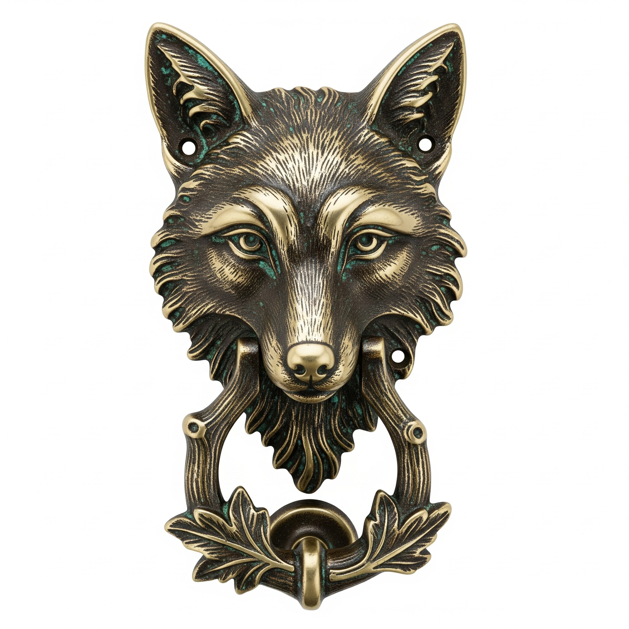 A close-up of an antique brass Art Deco fox door knocker with intricate details and a polished finish.
