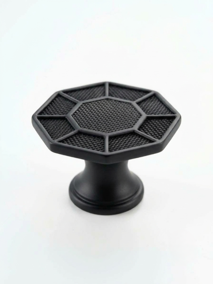 Thumbnail: Modern matte black octagonal furniture knob with knurled mesh texture for kitchen cabinets