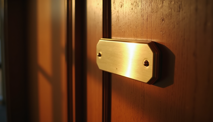 High angle view of a brass door sign with a polished finish reflecting sunlight