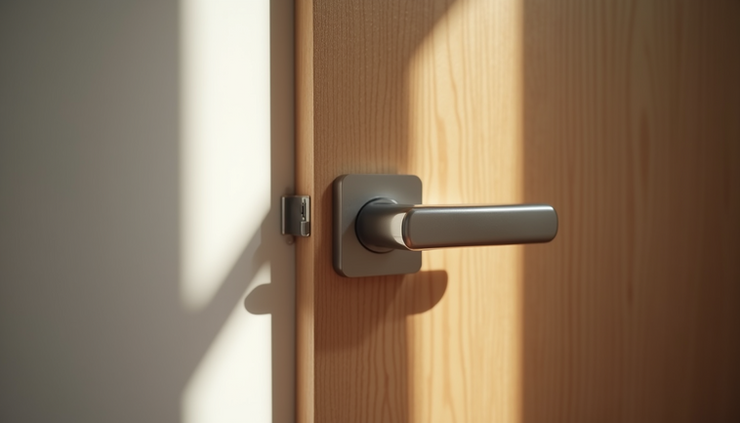 Close-up view of sleek minimalist door pull handle on wooden door