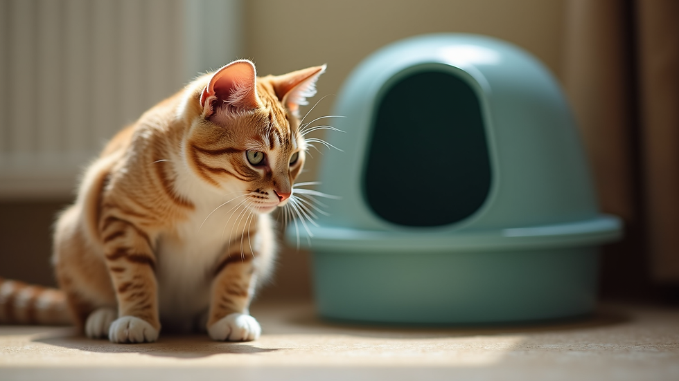 Close-up view of a cat looking uncomfortable near a litter box