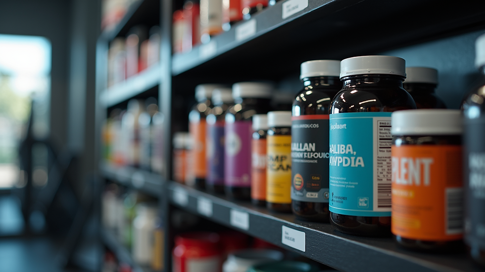 Eye-level view of a gym shelf stocked with various weight loss supplements