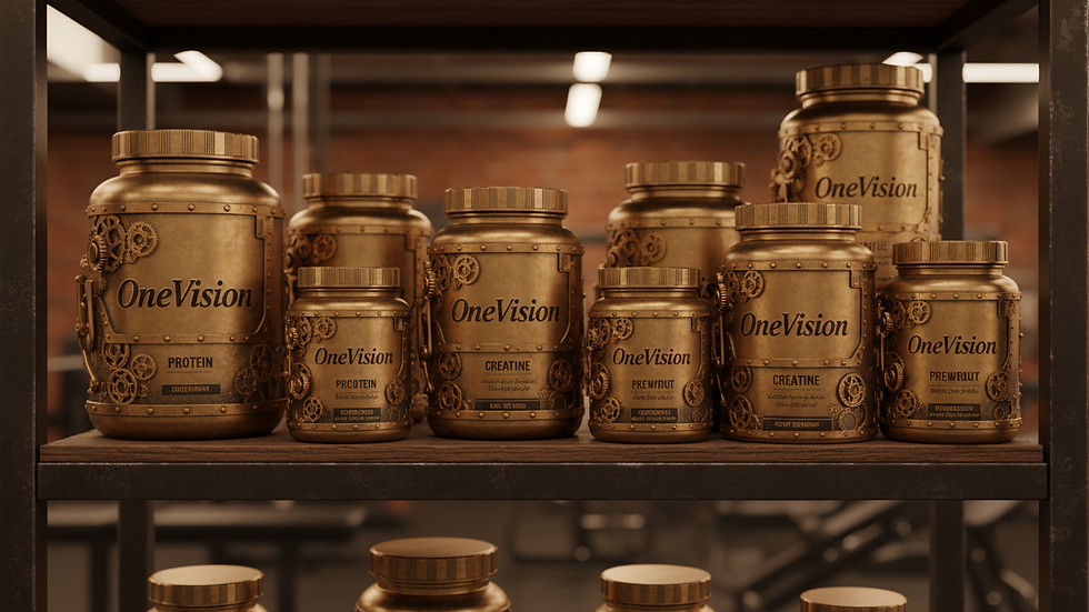 Eye-level view of a gym shelf stocked with OneVision supplement products