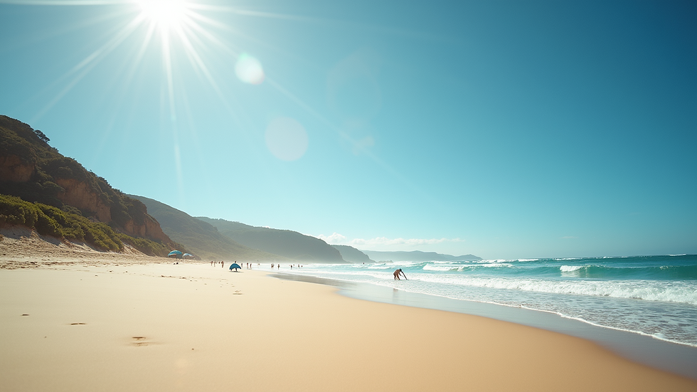Eye-level view of a sunny Australian beach with minimal people