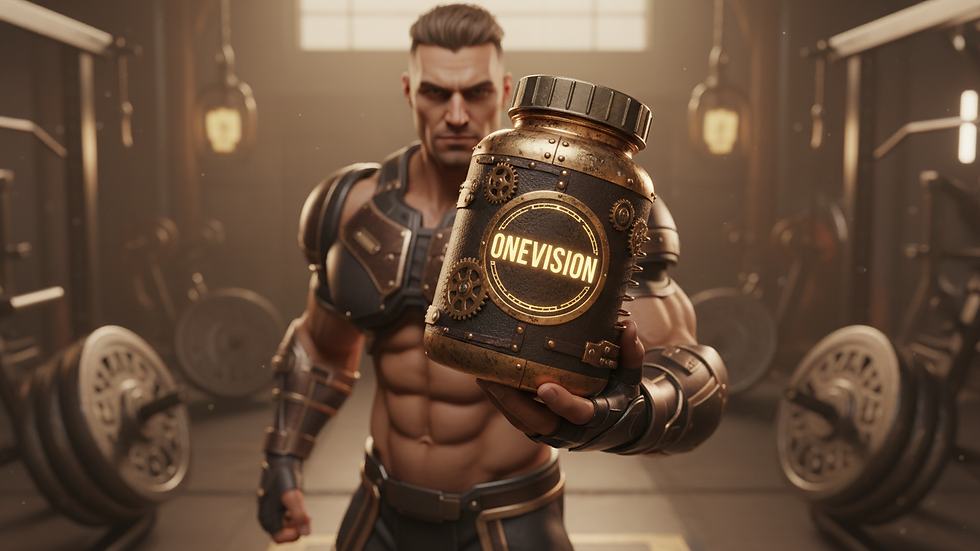 High angle view of a fitness enthusiast holding a OneVision supplement bottle in a gym