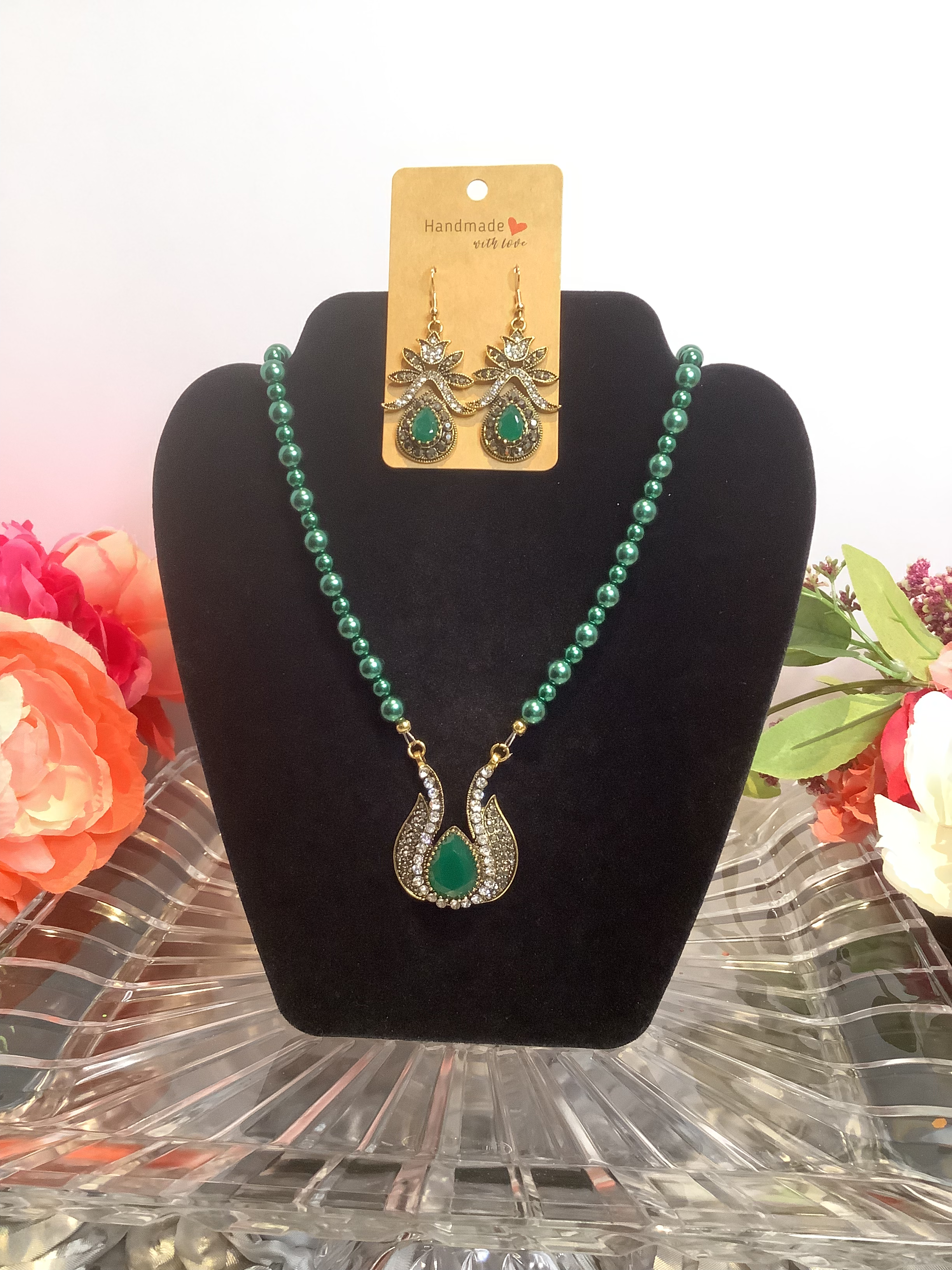 Green and Diamond Accent Necklace and Erring Set