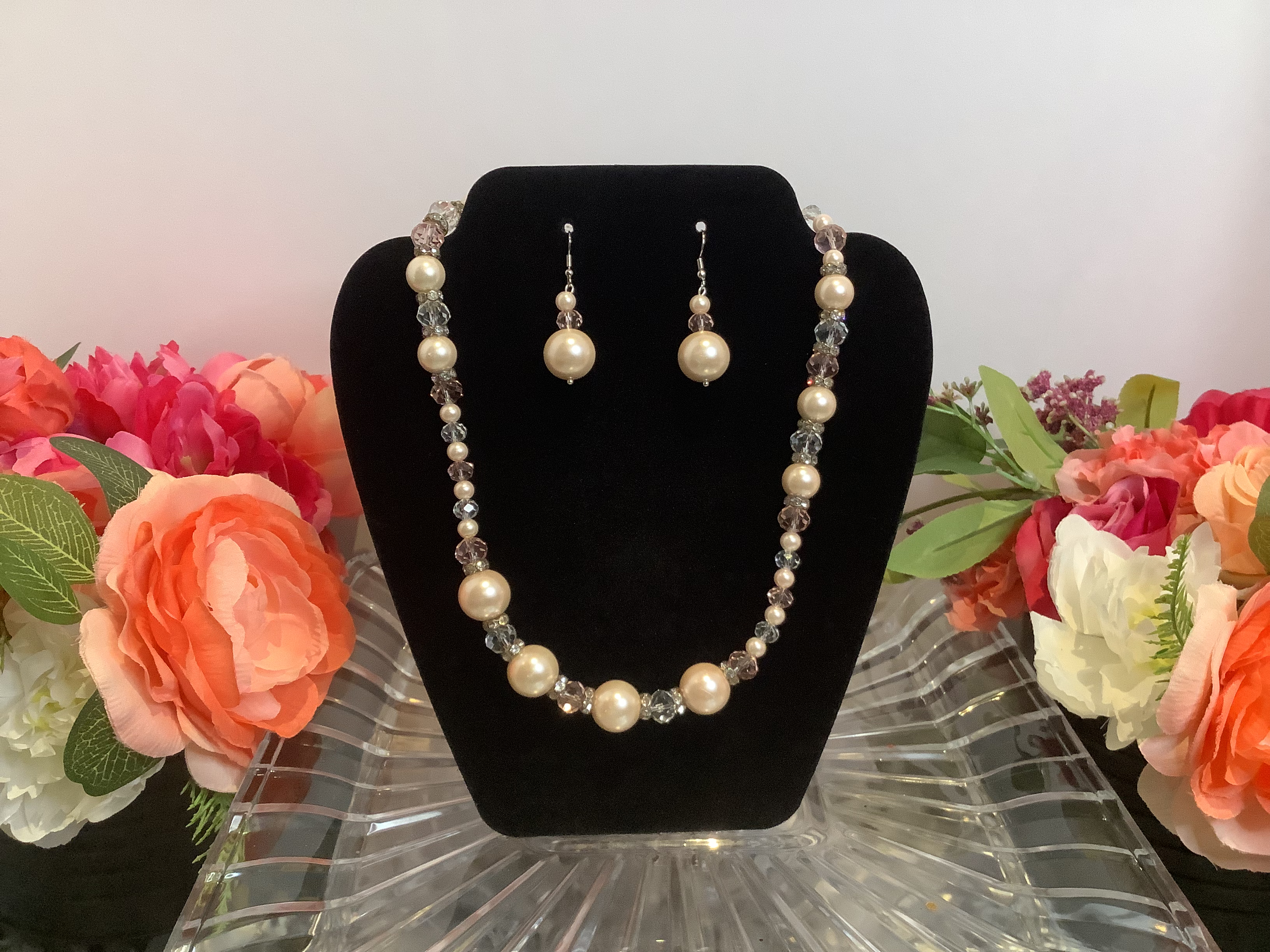 Pearl and Clear Necklace and Erring Set