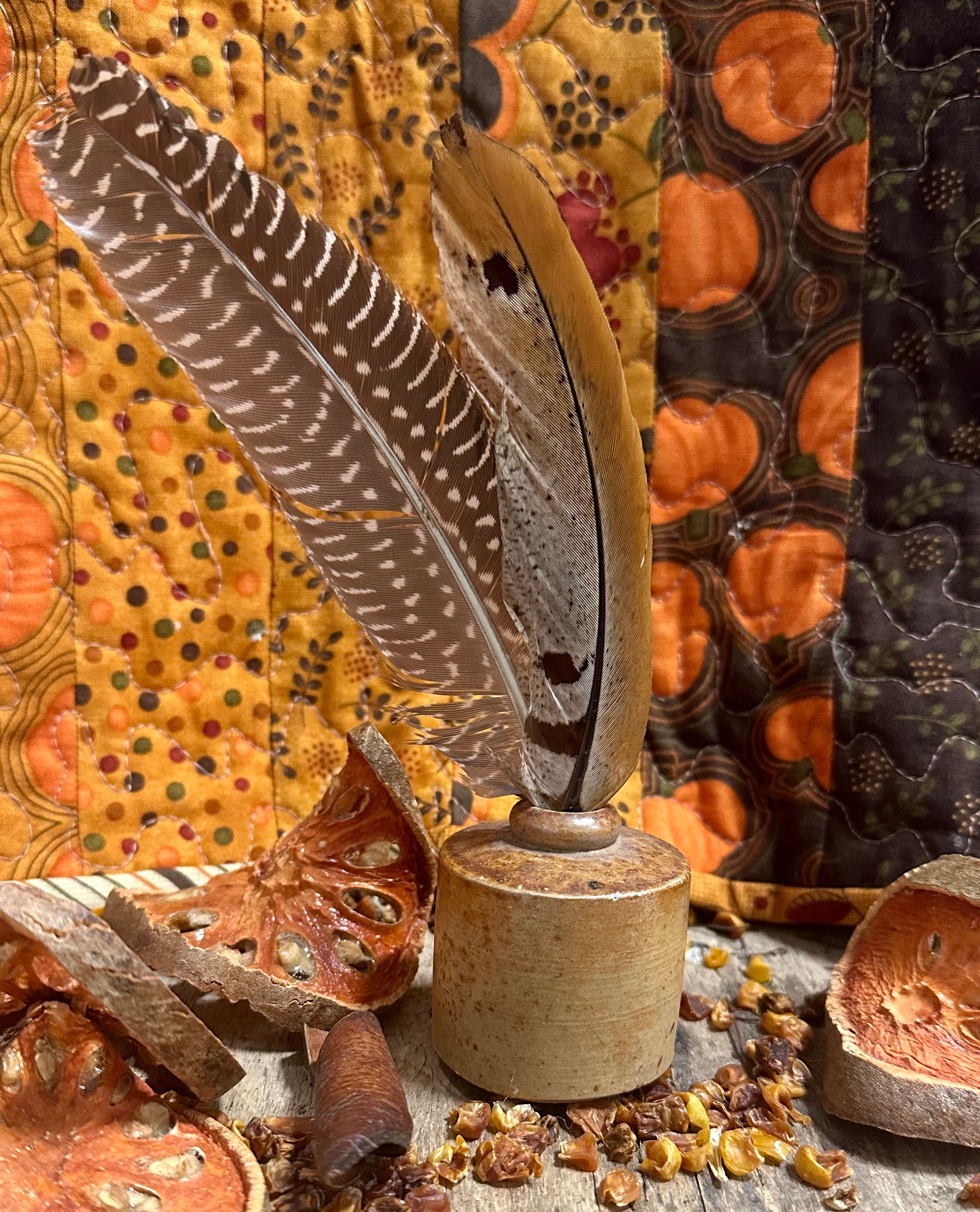 NEW!  Antique Ink Crock/Pheasant Feathers #3