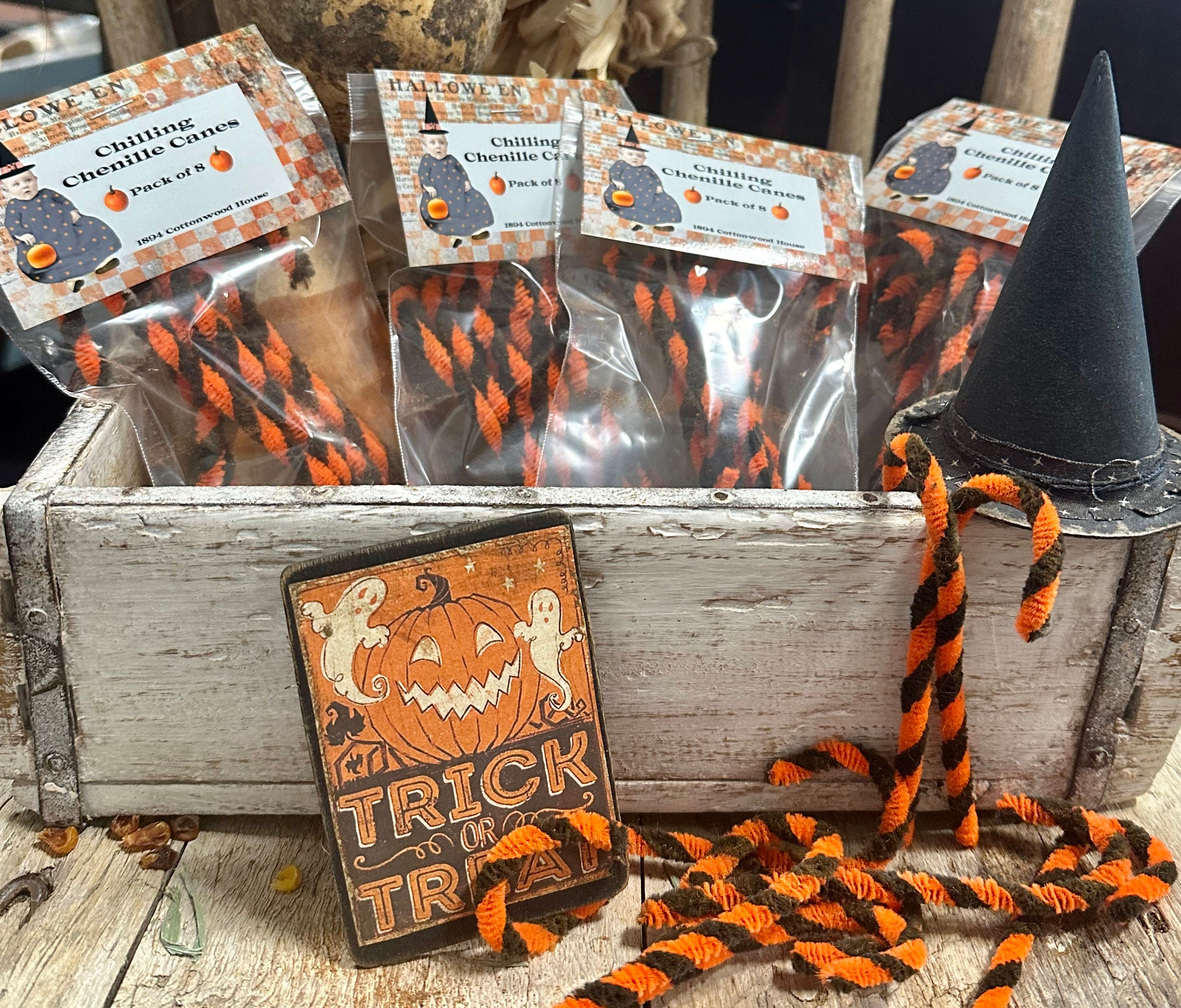 NEW!  "Chilling Chenille Canes" Orange & Black