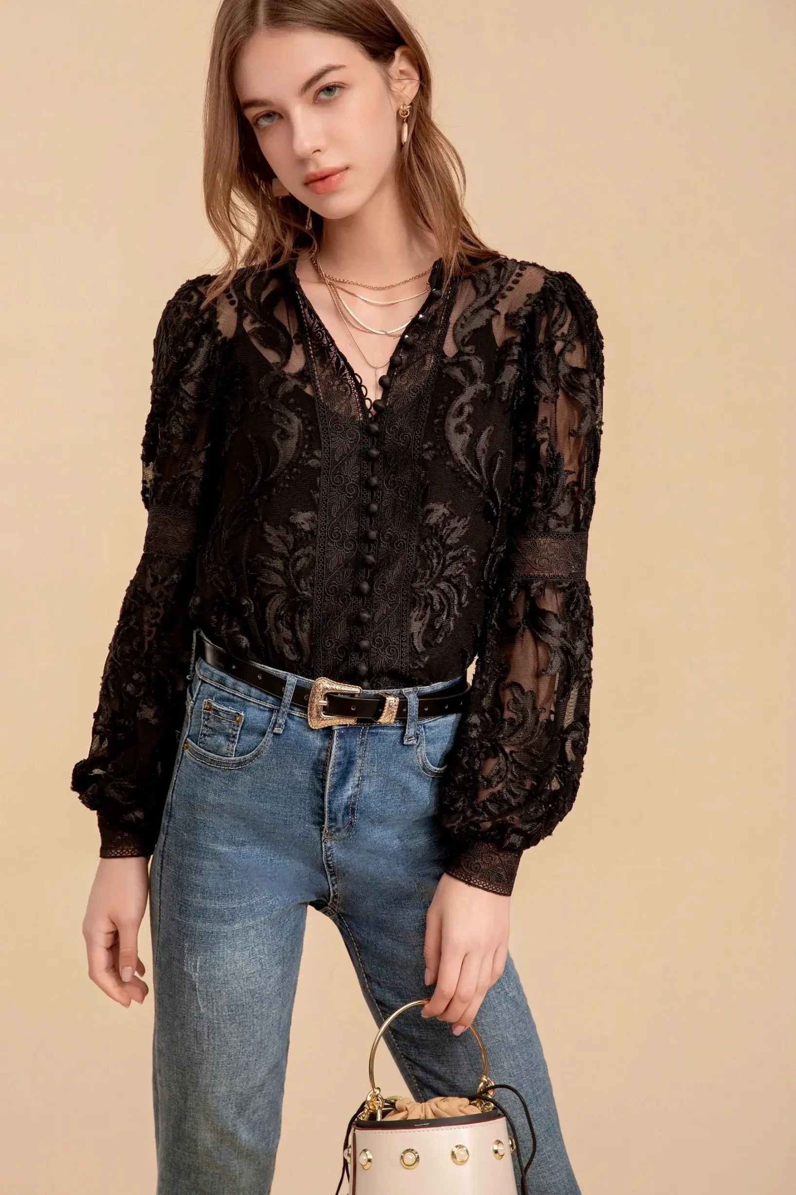 Yvette - black flocked blouse