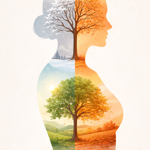 Illustration des quatre saisons dans un corps humain, pour un article sur la réflexologie et les changements de saison à Viroflay.