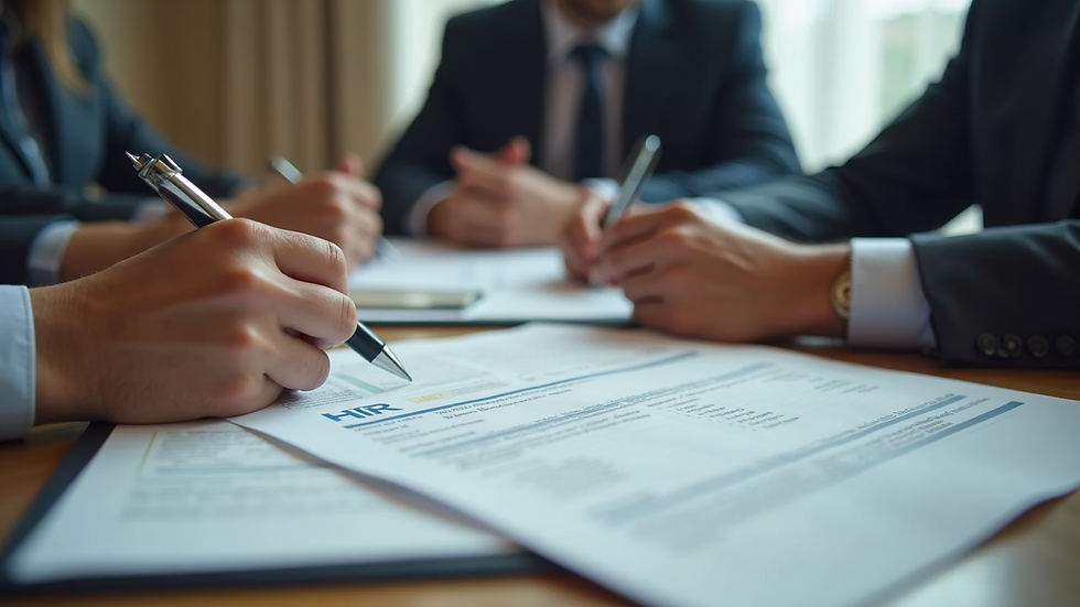 High angle view of a business meeting with HR documents on the table