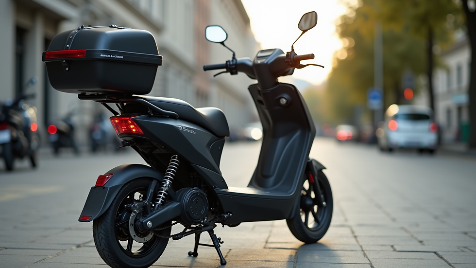 Close-up view of an electric scooter with a cargo box attached