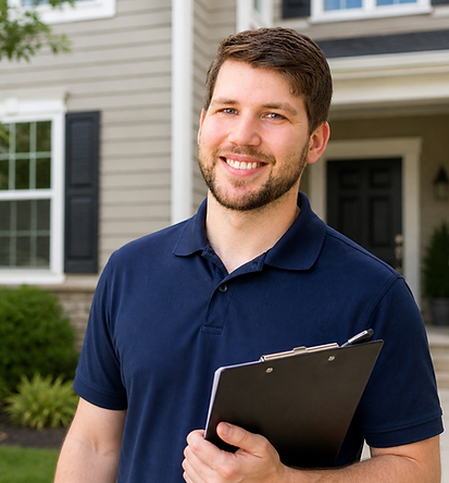 Licensed home inspector standing in front of residential property ready for inspection
