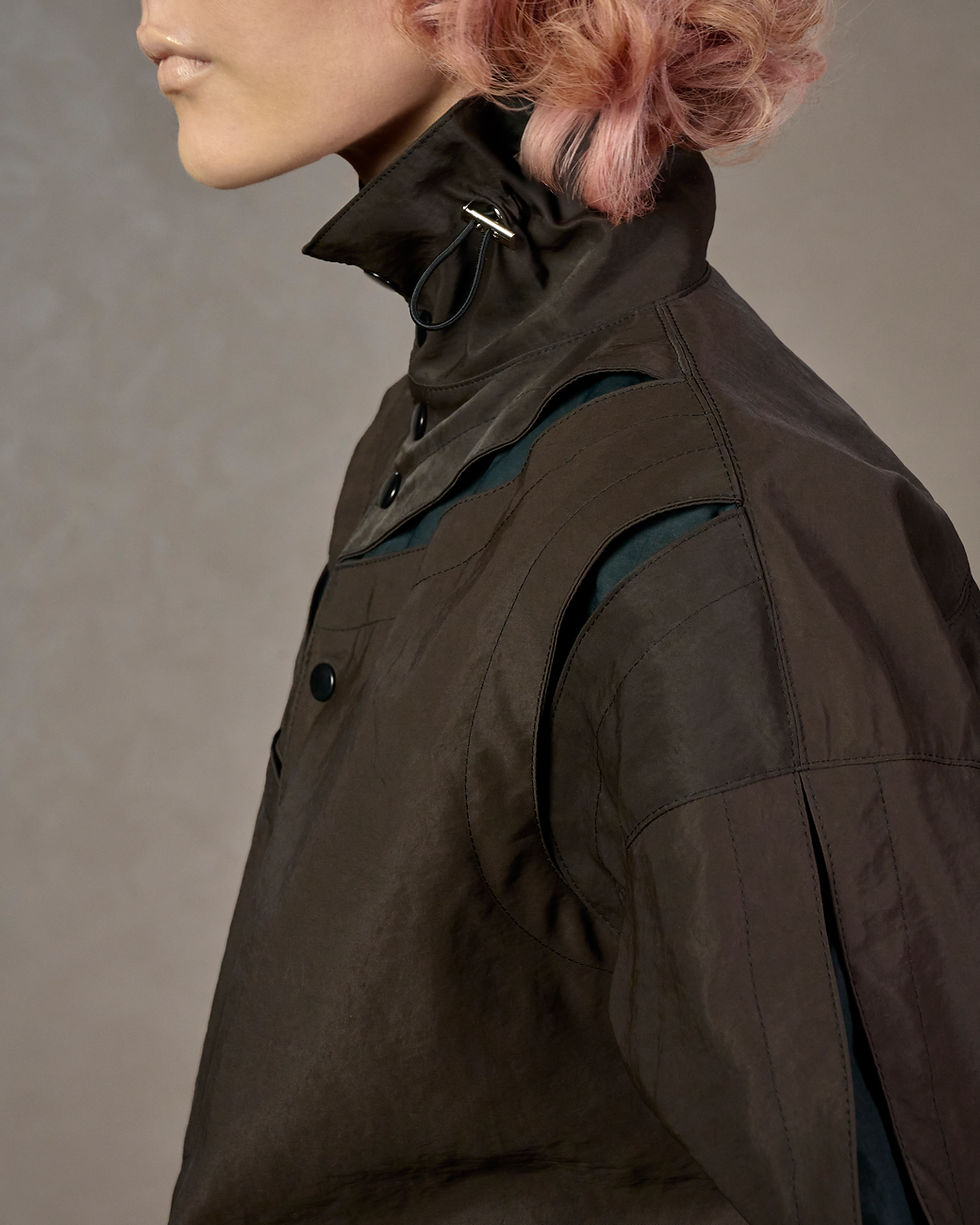 Thumbnail: Cutout Jacket Brown and Navy Closeup View