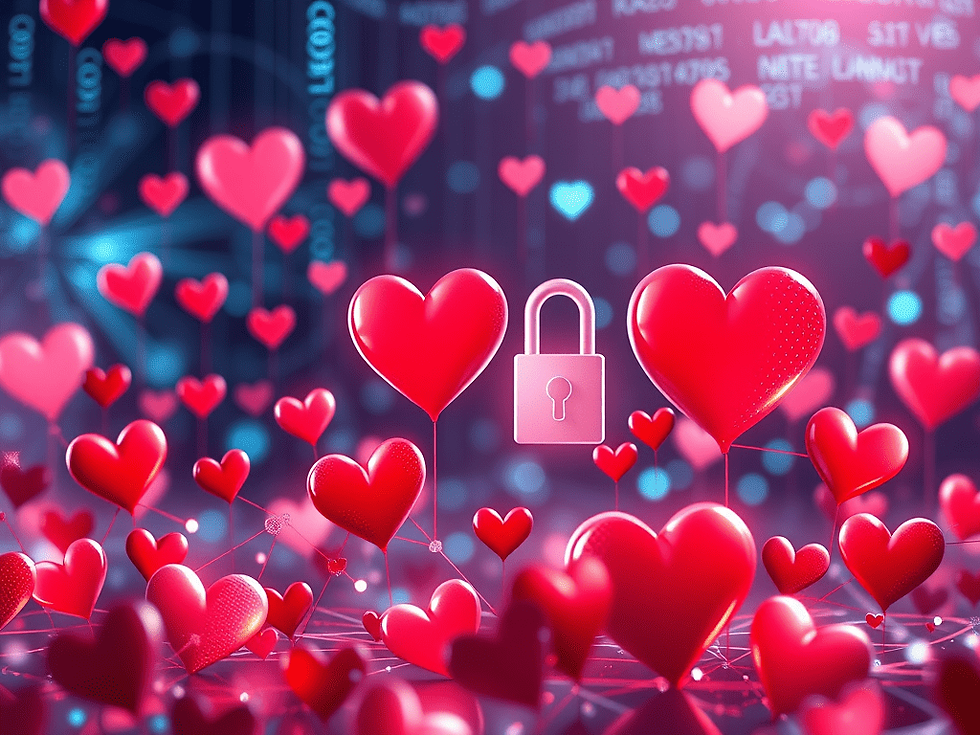 Red heart balloons float in a digital-themed background with a pink lock icon, representing love and security. Vibrant and whimsical mood.