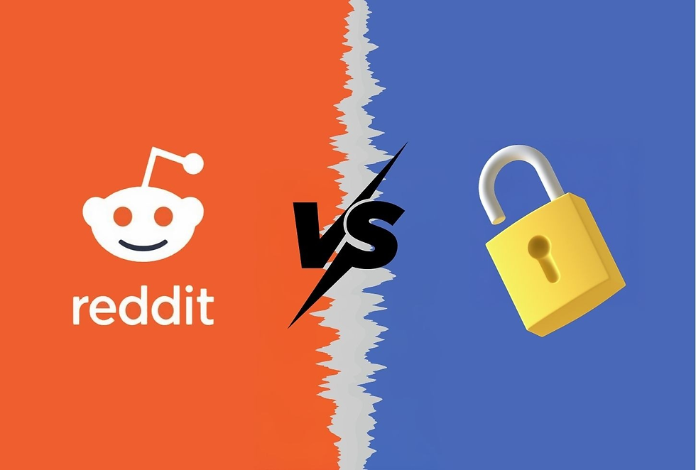 Reddit logo on orange background vs. yellow padlock on blue background, separated by jagged line, conveying conflict or opposition.