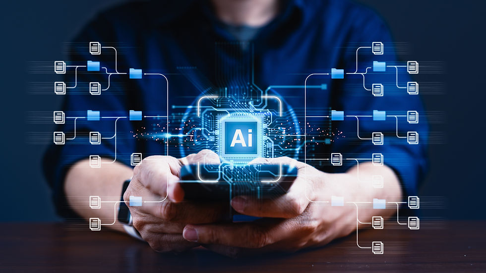 Person holding a smartphone with a glowing AI chip and data flow icons in a dark blue tech scene