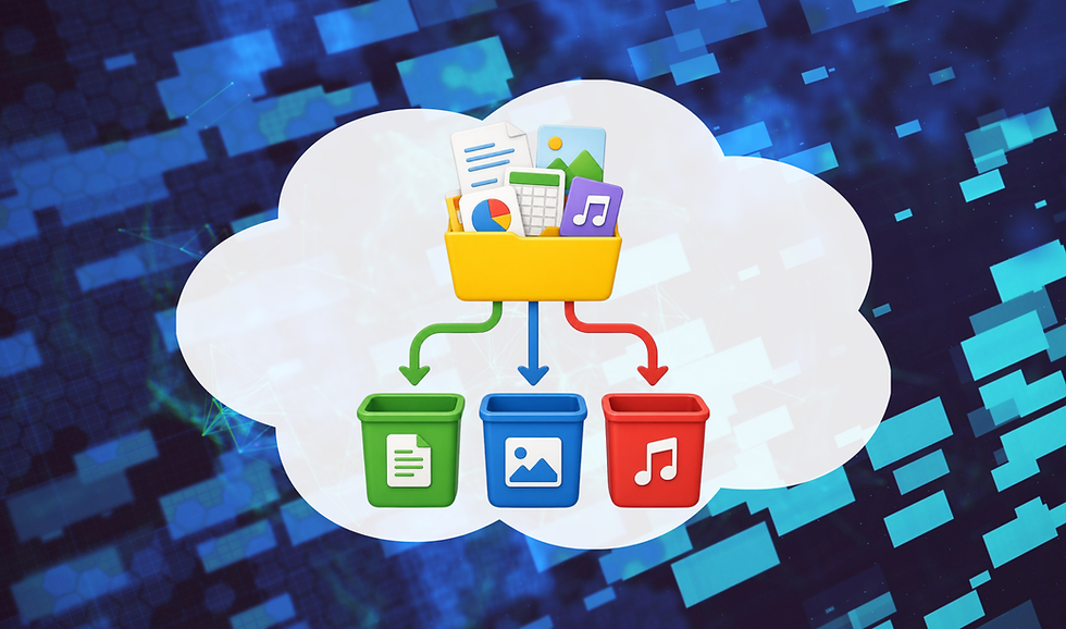 Cloud storage infographic: files, photos, music, and documents in a cloud flowing to green, blue, and red folders on a digital blue background