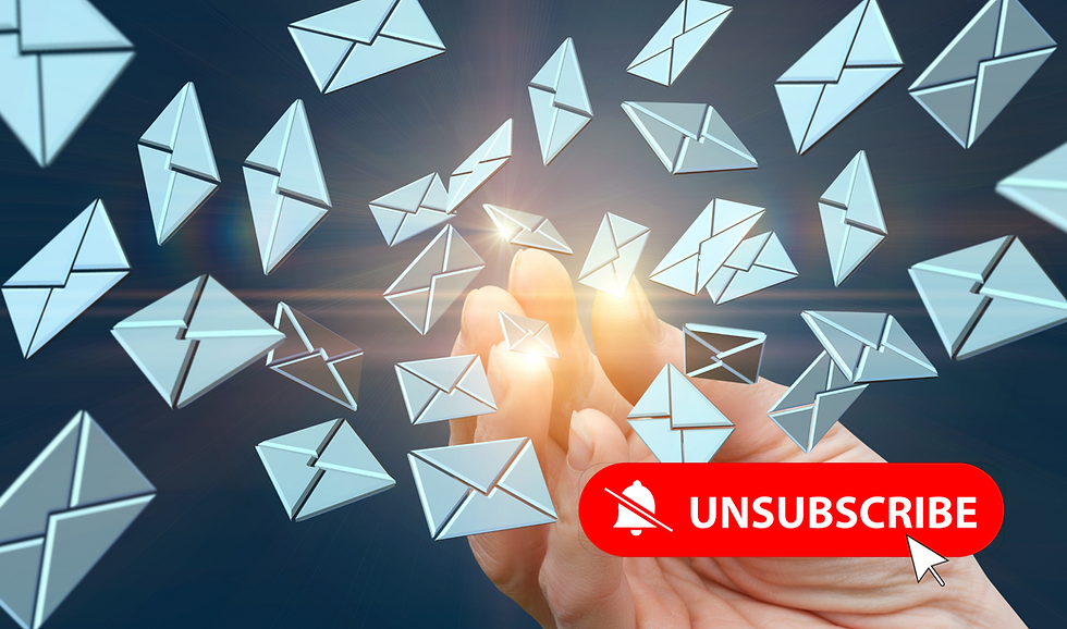 Hand touching glowing floating envelopes with a red UNSUBSCRIBE button and cursor on a dark blue background