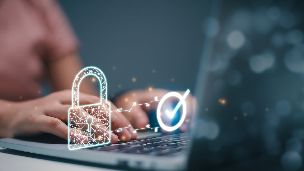 Hands typing on a laptop with a glowing digital padlock and checkmark, suggesting secure login or online protection