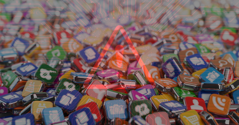 Pile of colorful app icons with a red warning symbol overlay. Background shows circuit patterns, suggesting tech chaos or alert.