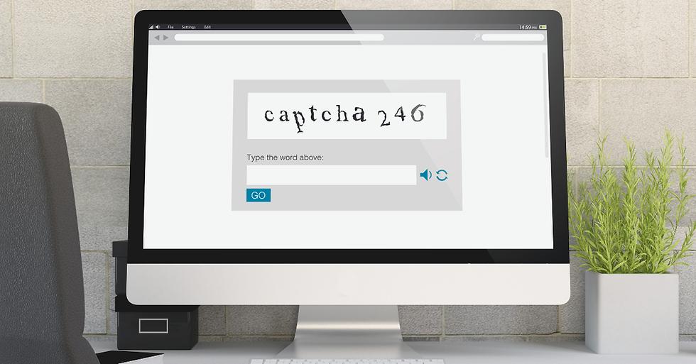 Desktop monitor shows a CAPTCHA 246 page with Type the word above and GO button on a desk beside a plant.