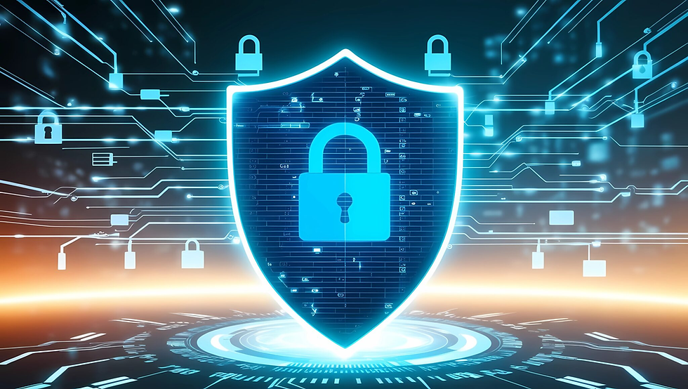 A glowing digital shield with a padlock icon, surrounded by circuit patterns, set against a blue and orange tech background. Secure and futuristic.