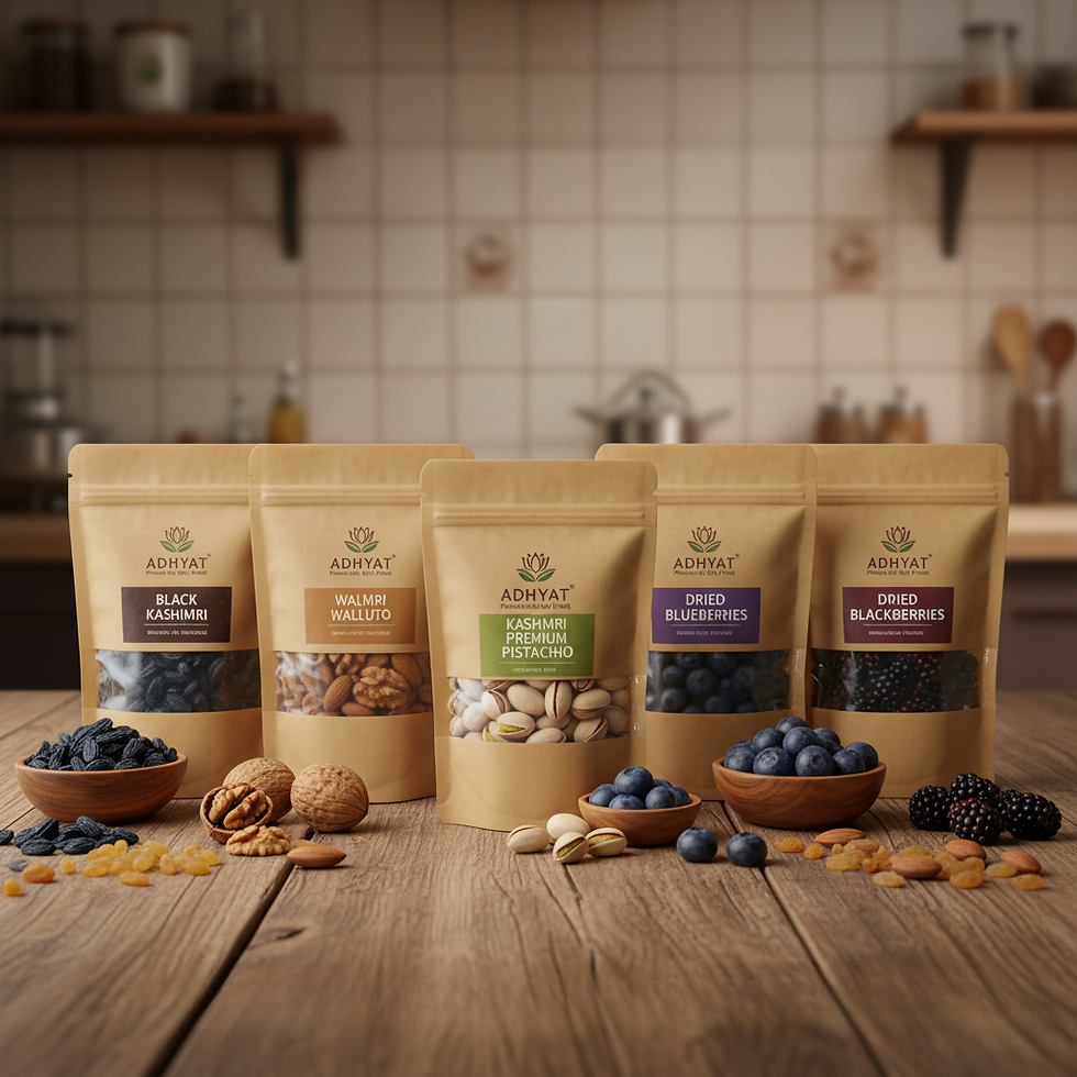 A selection of premium nuts and dried fruits showcased in elegant brown packaging, featuring Kashmiri offerings such as pistachios, walnuts, and almonds, accompanied by dried blueberries and blackberries, arranged on a rustic wooden kitchen countertop.