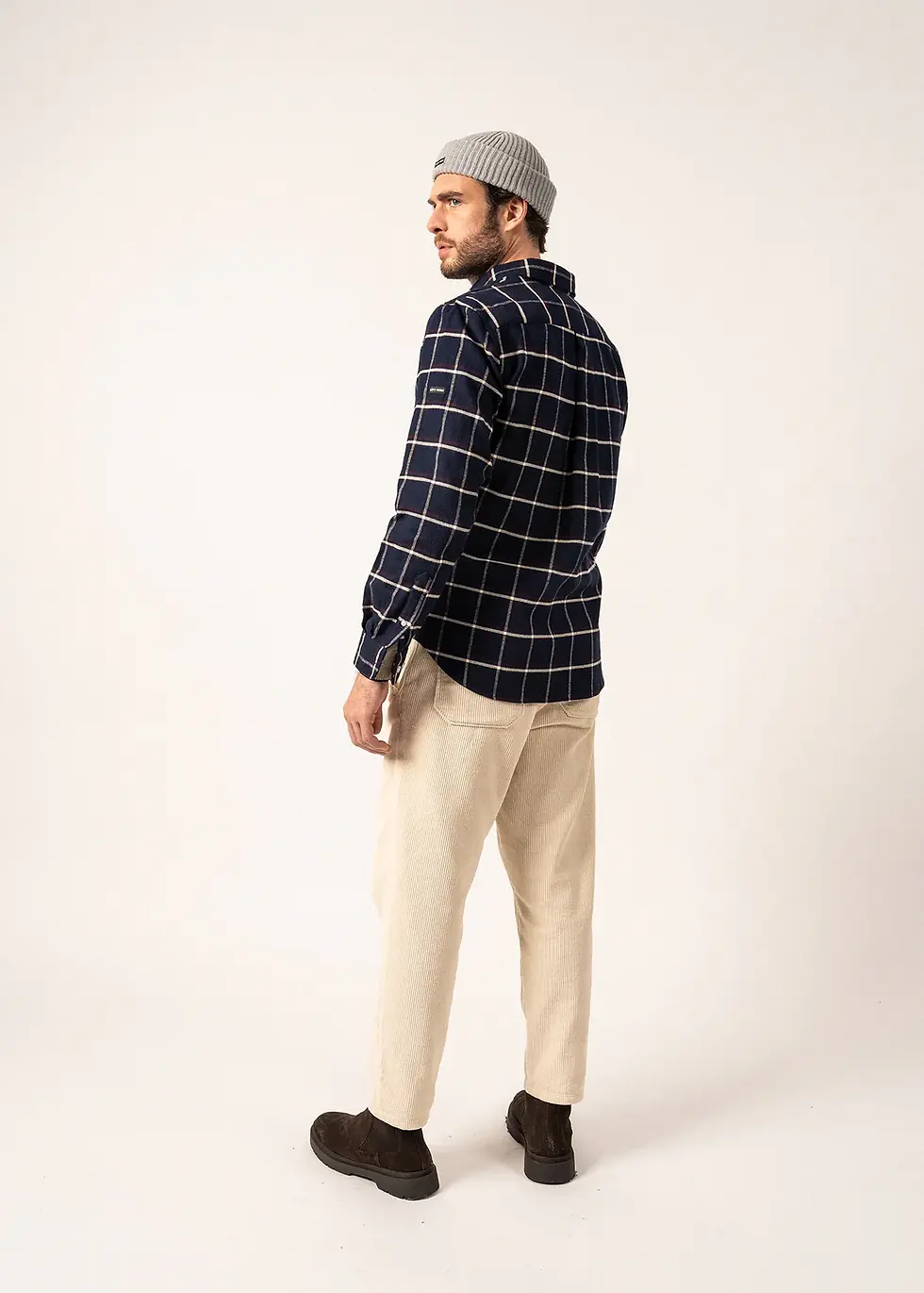 Miniature : Chemise flanelle de coton Vicente navy à carreaux écume et prune