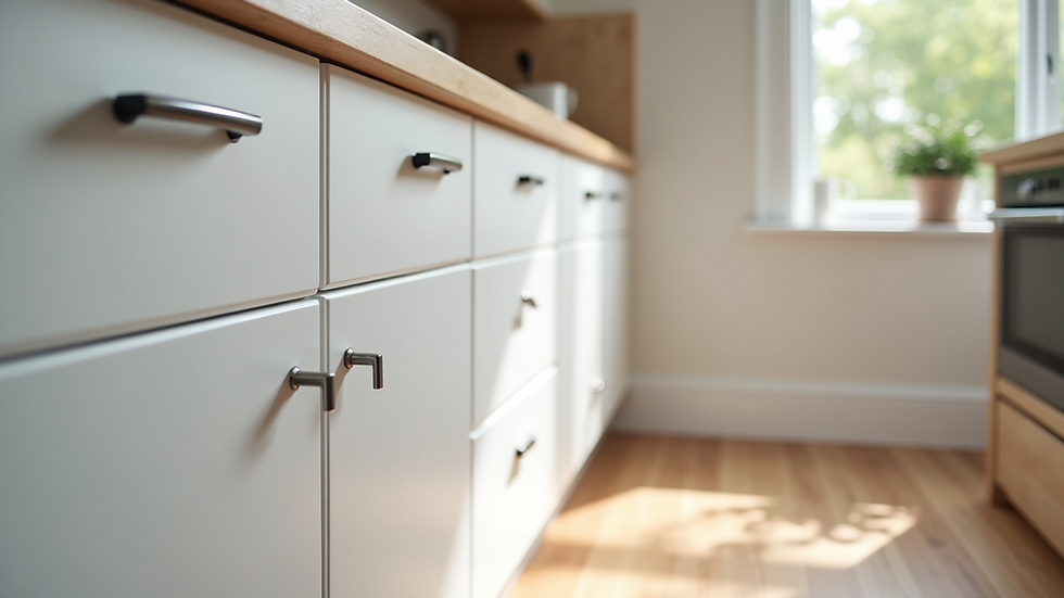 Eye-level view of newly refaced kitchen cabinets with modern handles