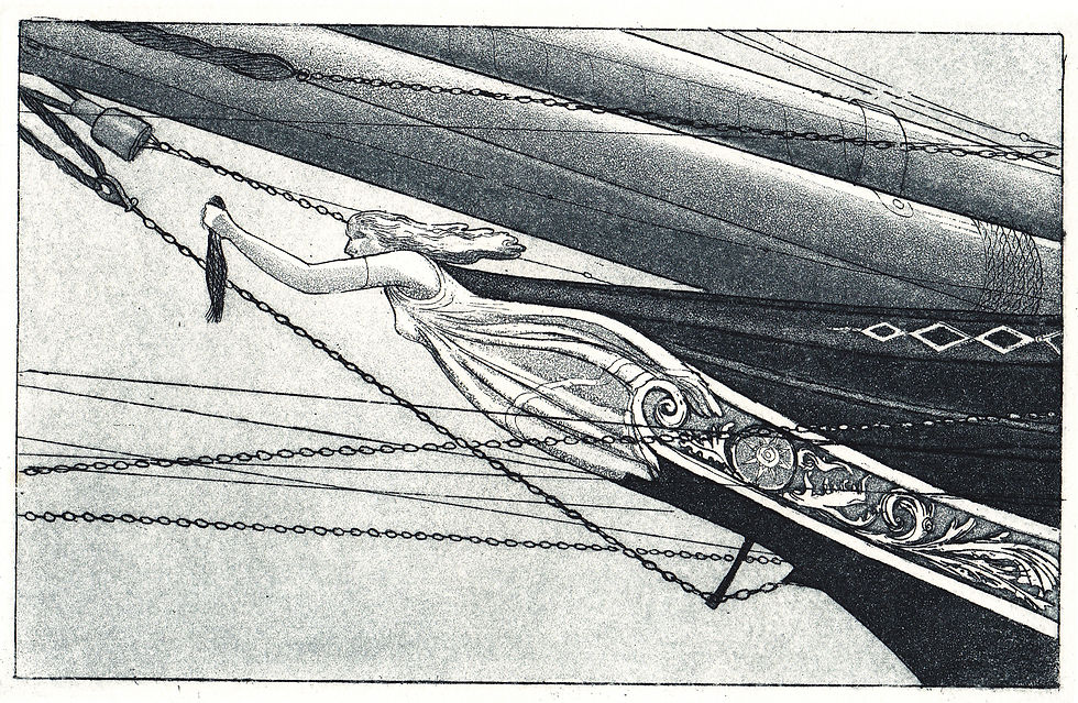 An etching of the figurehead clutching a handful of hair at the front of the Cutty Sark ship.