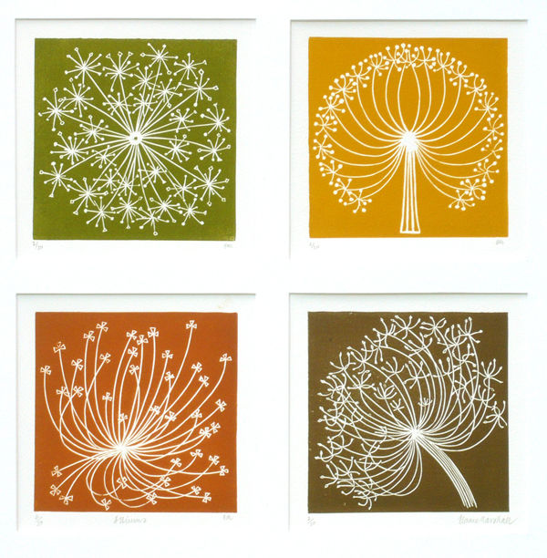 White silhouettes of seedbeds and flowers stand stark against olive, yellow, rust and brown backgrounds in this quadruple linocut.