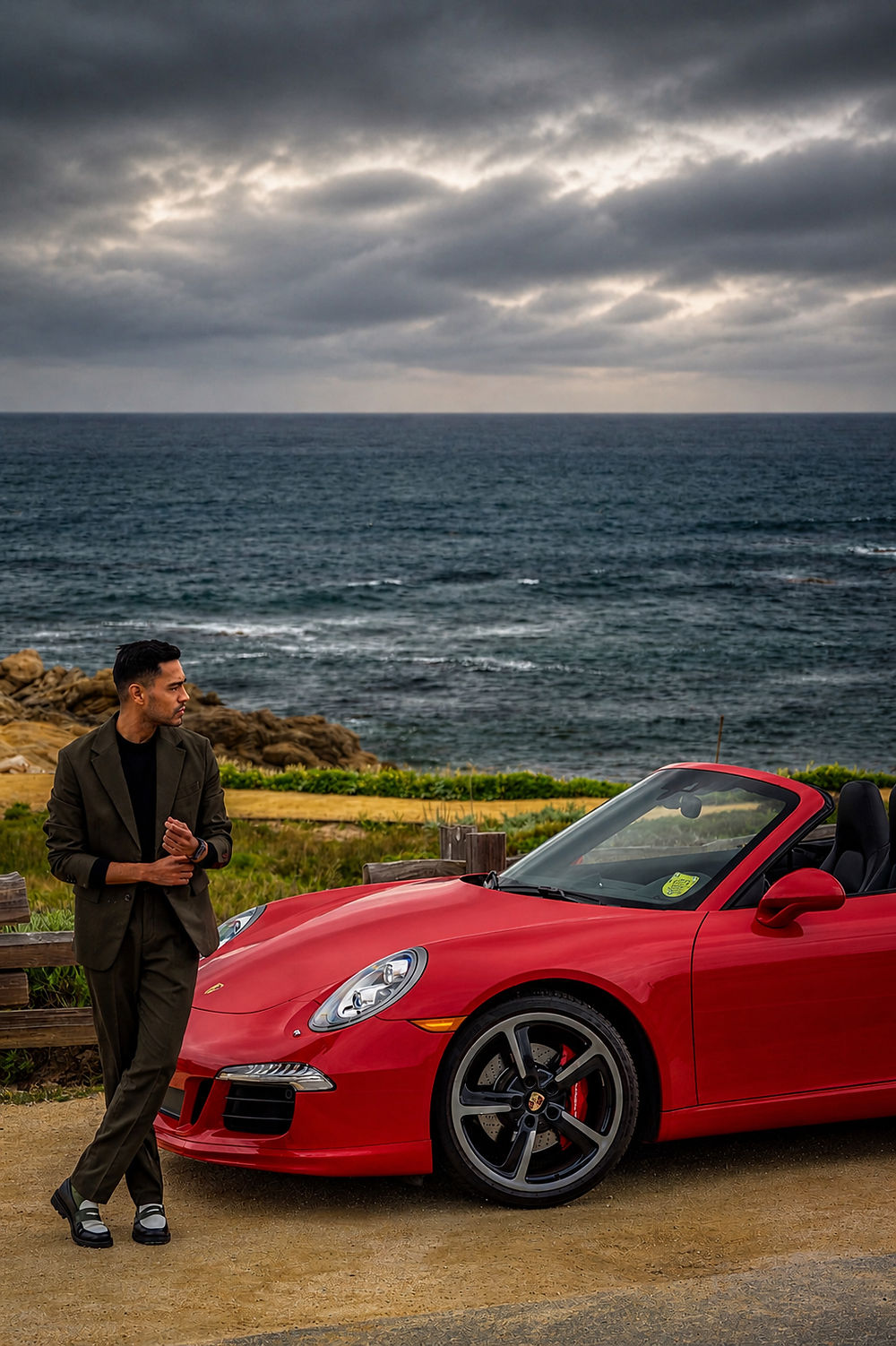 A man contemplates Mother Nature while taking automotive portraits with his red Porshce 911.