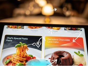Restaurant owner reviews digital online ordering menu on laptop showing highlighted high-margin items, popular badges and optimized layout.