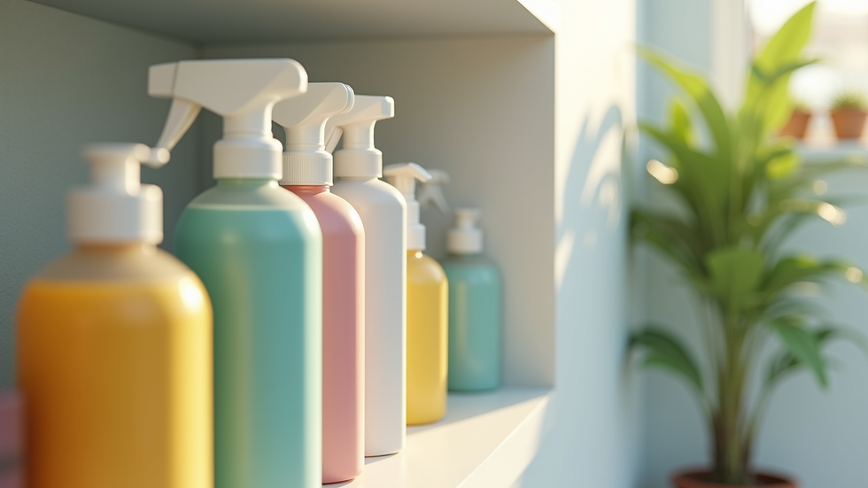 Close-up view of eco-friendly cleaning supplies arranged neatly on a shelf