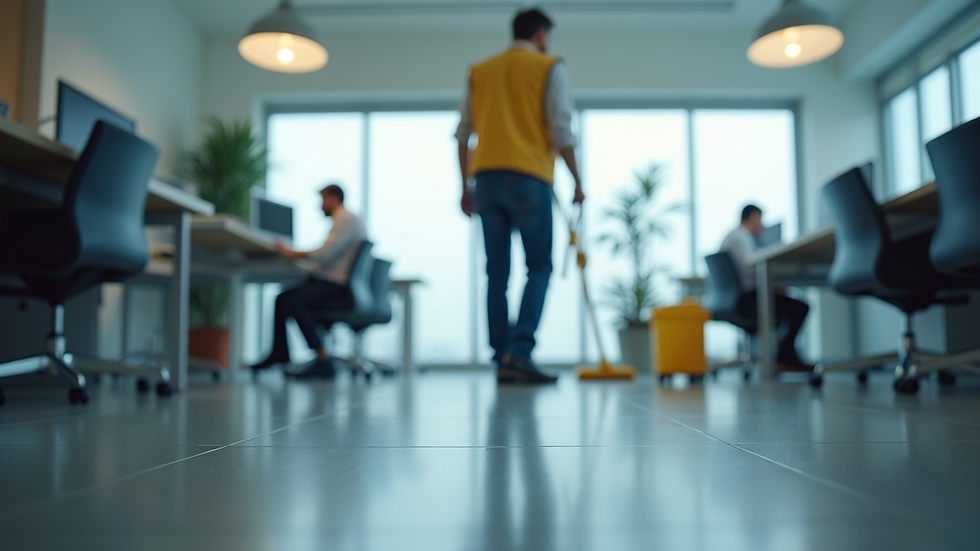 Eye-level view of a commercial office space being cleaned by a professional
