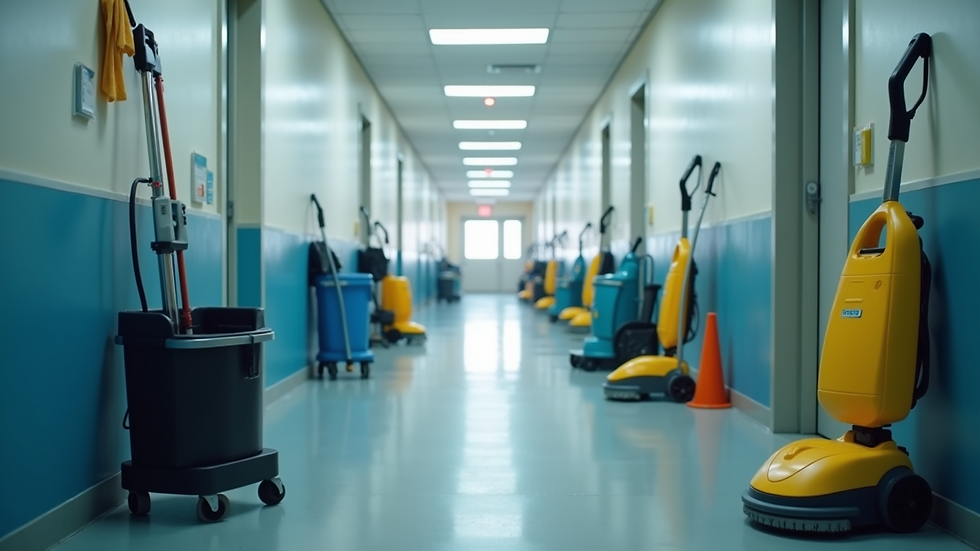 High angle view of cleaning equipment arranged neatly in a commercial building hallway