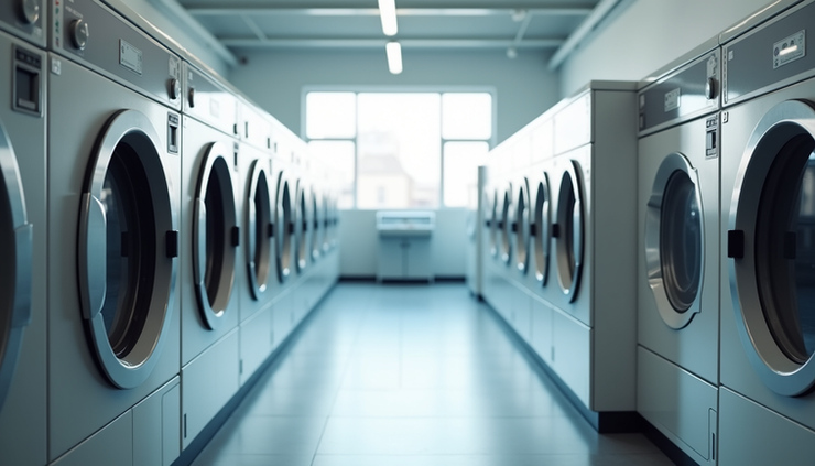 Eye-level view of a modern laundry facility with washing machines and dryers neatly arranged