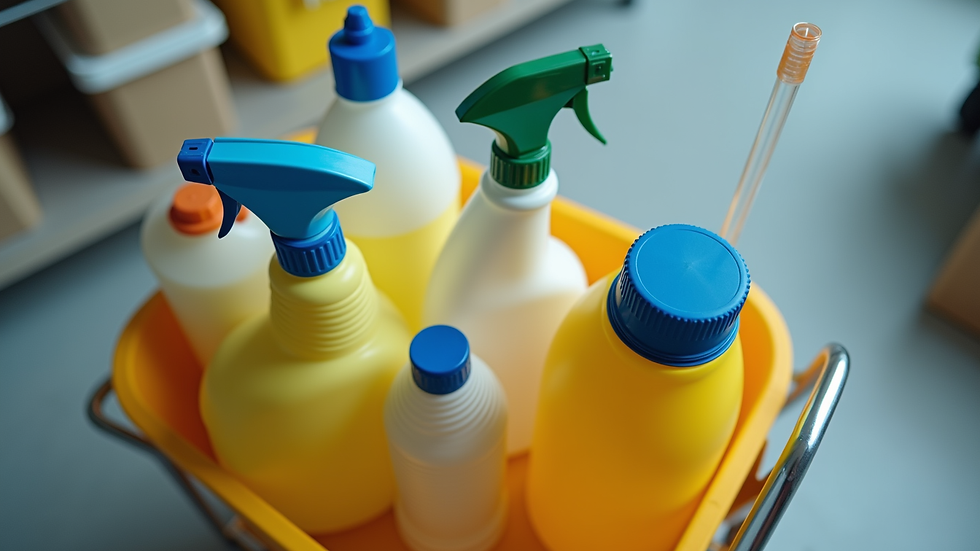 High angle view of janitorial cleaning supplies arranged neatly on a cart