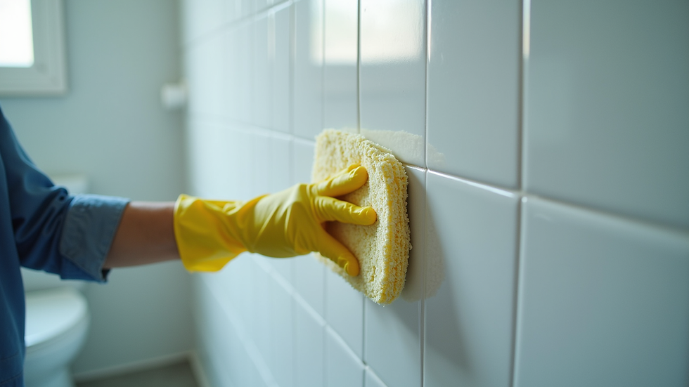Close-up view of a professional cleaner scrubbing a bathroom tile wall